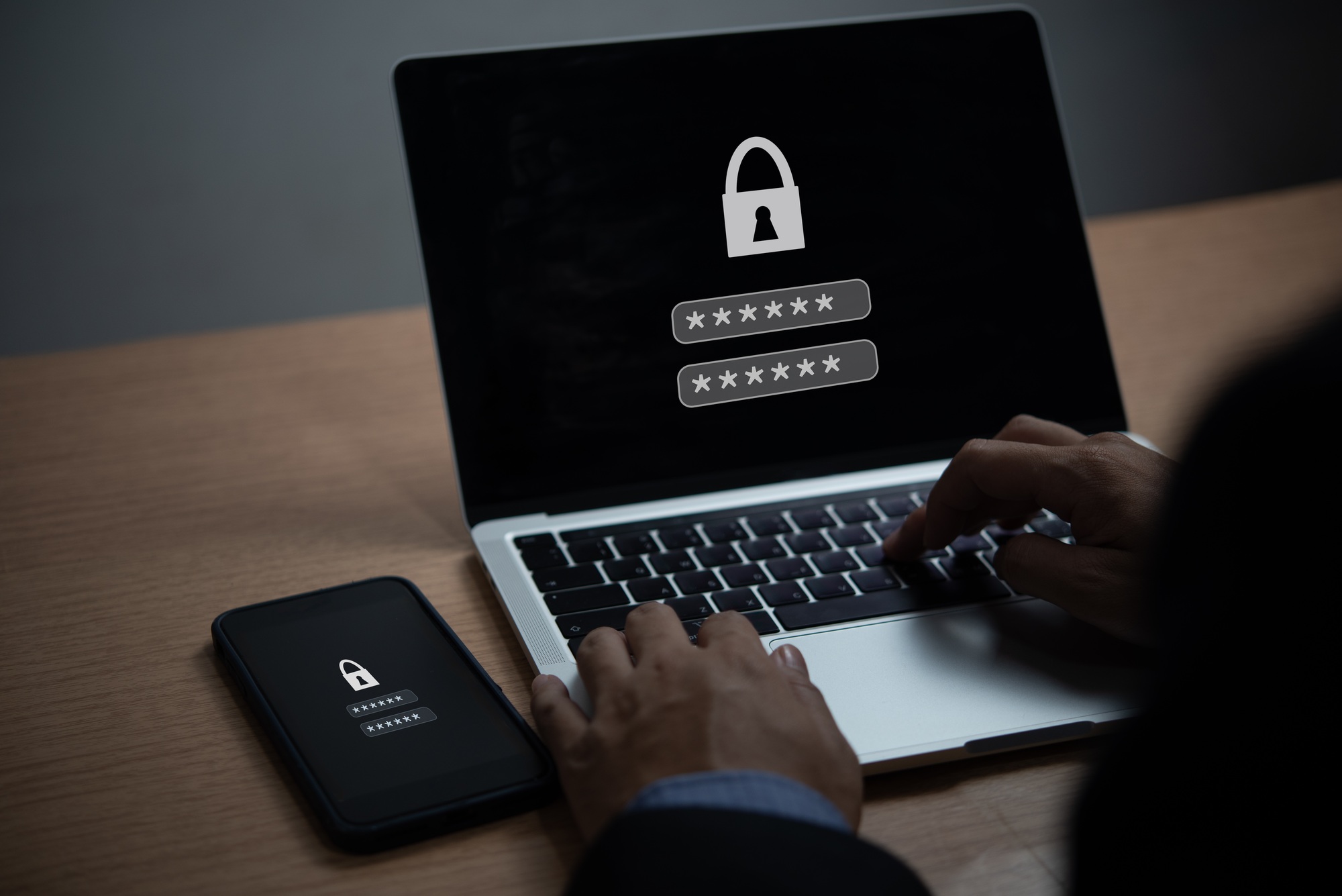 Laptop and Mobile Phone with Encryption, Key Lock, and Password. Digital Security Protection Privacy